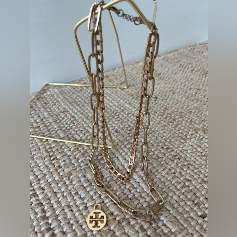 MARLYN SCHIFF | Double Layered Link Necklace Gold Tone | BONUS Tory Burch Charm